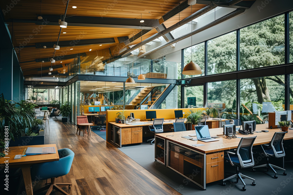 Poster empty office space comes to life with rows of desks and chairs, buzzing with productivity and collab