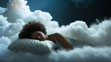 Fotobehang Young woman sleeping on a pillow made of soft clouds. Air dreams. Soft heavenly bed © Vladimir