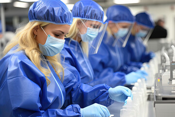 Group of women, wearing blue lab coats and masks, engage in groundbreaking scientific research with utmost precision and creativity.