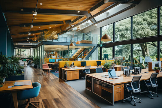 Empty office space comes to life with rows of desks and chairs, buzzing with productivity and collaboration.