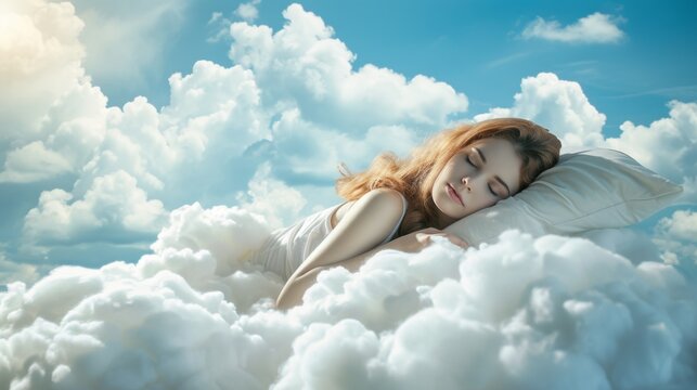Young woman sleeping on a pillow made of soft clouds. Air dreams. Soft heavenly bed