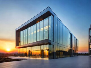 Modern office building with glass facade at sunset. Generative ai