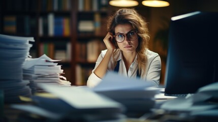 Overworked woman going through Too much paperwork staying in late at night. Stressed female secretary at work overtime, overdue piles of files and papers on the desk. Generative ai