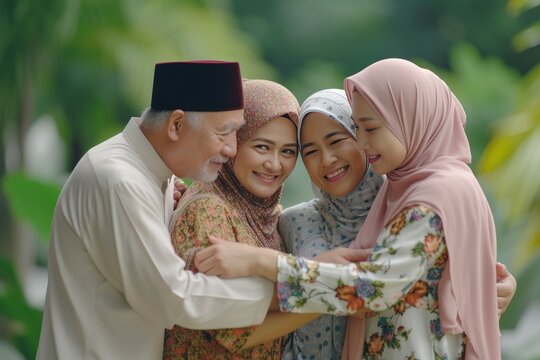 muslim family back home and hugging shake hand when eid mubarak or hari raya