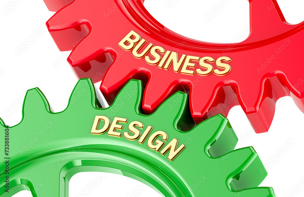 Poster business design concept with colored gearwheels. 3d rendering isolated on transparent background