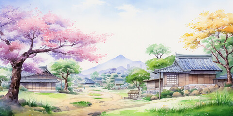 Chinese landscape Cherry blossom branches, mountains, rivers, castles, countryside, watercolor illustrations
