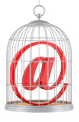 Birdcage with e-mail symbol, at sign inside, 3D rendering isolated on transparent background