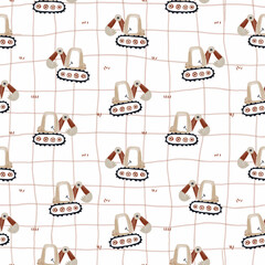Beautiful seamless pattern with hand drawn cute baby toy excavator illustrations. - 733881649