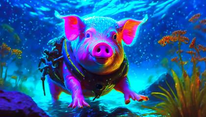 a pig swimming in the sea, while diving, to a depth.