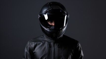 Rider with a black leather jacket and full-face helmet portrait. Generative ai