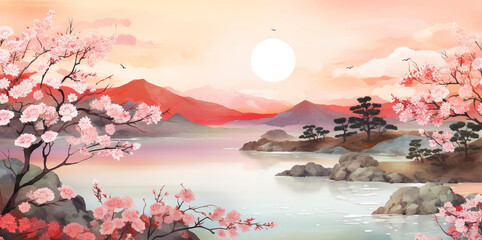 Paintings of cherry blossoms, castles, mountains and winter landscapes High mountains with snow,...