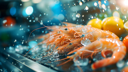 prawns, shrimps served on black stone cutting board with lemon and ice. Gourmet, delicate,
superior seafood photo. - obrazy, fototapety, plakaty