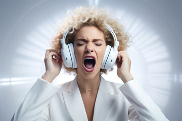 Woman wearing over-ear headphones and yelling, her face expression is discomfort due to loud music. Effects of loud noise on the human body.