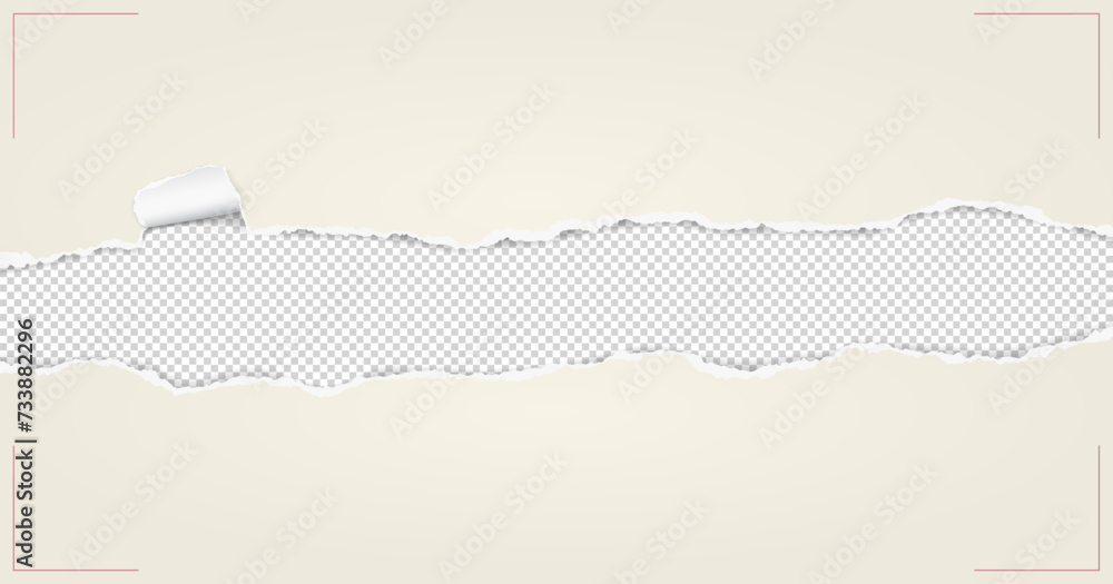 Poster torn, ripped light beige paper strips with soft shadow are on white squared background for text. vec