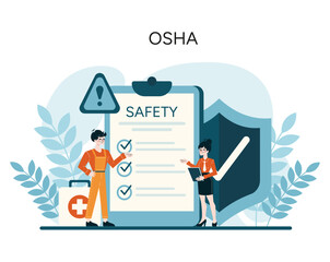 OSHA checklist illustration. Workers ensure safety compliance, maintaining workplace standards with precision and care. Strategic planning for health and safety. Flat vector illustration