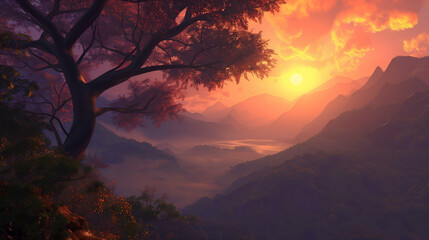 Sunset in the mountains, a majestic orange sunset in a mountainous landscape, with a large tree in the foreground overlooking a misty valley