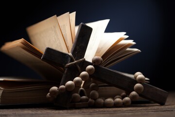Religion Concept. Bible book with wooden Cross