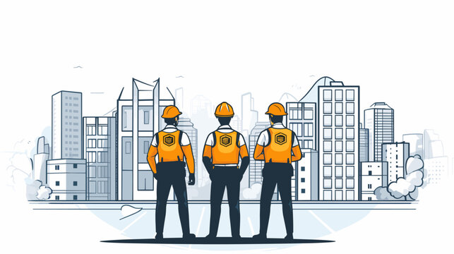 Vector graphic of a construction site with a focus on safety protocols and workers wearing protective gear  emphasizing the importance of workplace safety in real estate development. simple minimalist