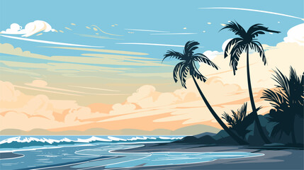 Fototapeta na wymiar Vector art depicting a coastal scene with palm trees and crashing waves under the influence of a hurricane highlighting the environmental impact of storms. simple minimalist illustration creative