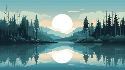 Peaceful riverside forest scene with a mirrored reflection in the water  symbolizing introspection and inner peace simple minimalist illustration creative