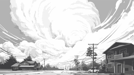 Vector art depicting a suburban neighborhood transforming into chaos under the influence of a tornado  symbolizing the sudden and impactful nature of tornadoes. simple minimalist illustration creative - obrazy, fototapety, plakaty
