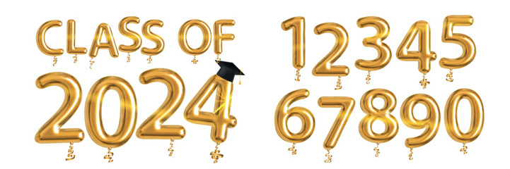 Vector realistic isolated golden balloon text of Class of 2024 with graduation cap and set of numbers on the white background. - obrazy, fototapety, plakaty