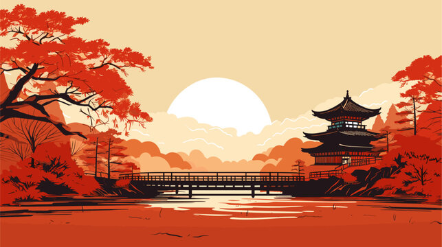 Traditional wooden Kyoto temples against a backdrop of vibrant autumn foliage  depicting the timeless elegance of Japanese architecture. simple minimalist illustration creative