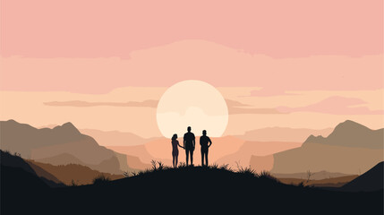 Minimalist scene with silhouettes of happy friends against a backdrop of nature  expressing the simplicity and warmth of their shared outdoor experience. simple minimalist illustration creative - obrazy, fototapety, plakaty