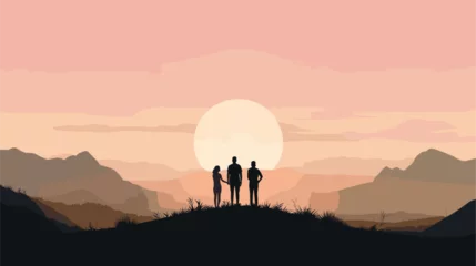 Fotobehang Minimalist scene with silhouettes of happy friends against a backdrop of nature  expressing the simplicity and warmth of their shared outdoor experience. simple minimalist illustration creative © J.V.G. Ransika