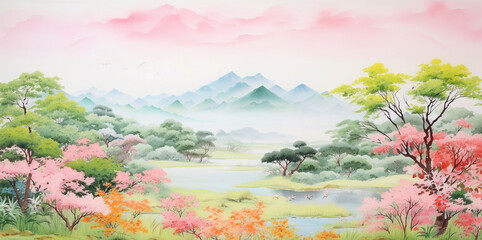Sakura blossom and mountain misty forest. Beautiful landscape with blossom sacura trees and Fuji. painting.