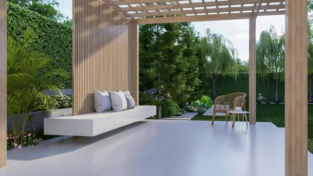 Animation of modern contemporary style wooden pavilion with garden view 3d render, there are polished concrete floor, white terrazzo bench, wooden structure and transparent glass roof