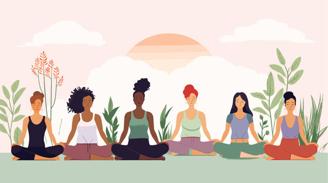 Illustration of a yoga class with women of different ethnicities in a serene environment  showcasing the shared pursuit of balance and well-being. simple minimalist illustration creative