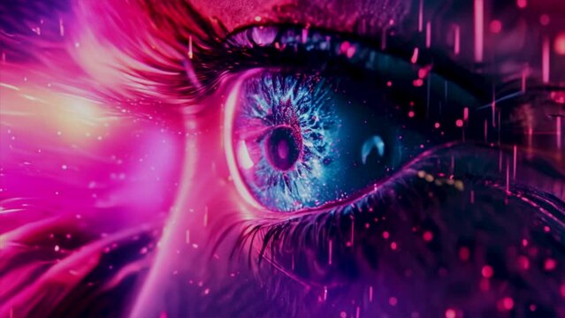 Beautiful close-up of eye with neon abstract particles animation.