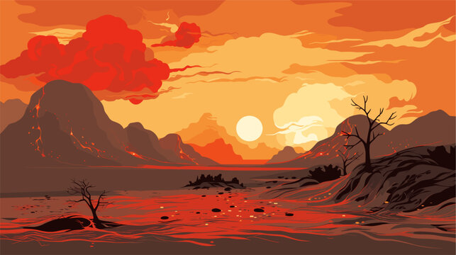 Vector art depicting a volcanic landscape with flowing lava  burning vegetation  and smoky skies  emphasizing the environmental impact and destructive power of volcanic events. simple minimalist