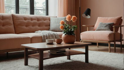 Minimalistic living room, featuring a close-up of a wooden coffee table near a sofa, surrounded by trendy peach-colored interiors.