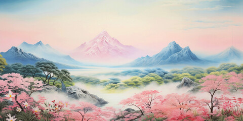 Japanese landscape with pink cherry blossoms in the foreground Cherry blossoms and misty forest on...