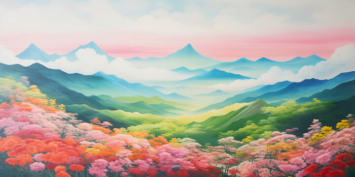 pastel painting Japanese landscape with pink cherry blossoms in the foreground Cherry blossoms and misty forest on the mountain