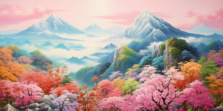 pastel painting Japanese landscape with pink cherry blossoms in the foreground Cherry blossoms and misty forest on the mountain
