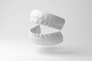 White teeth model floating in mid air on white background in monochrome and minimalism. Illustration of the concept of dental health and oral hygiene