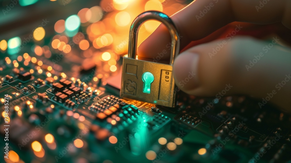Poster secure data lock symbol, representing the ongoing battle for cybersecurity and the protection of sen