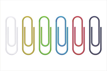 Realistic colorful paper clip set. Metallic fasteners on white background. Shiny metal paper clip, page holder. Office supplies. Vector illustration - obrazy, fototapety, plakaty