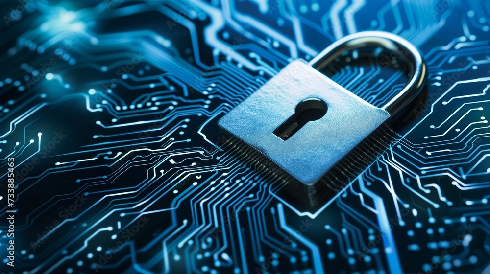 Poster secure data lock symbol, representing the ongoing battle for cybersecurity and the protection of sen