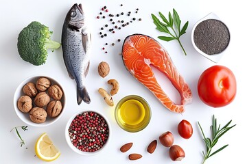 Food sources of omega 3 and omega 6 on white background top view. Foods high in fatty acids including vegetables, seafood, nut and seeds