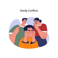 Family conflicts concept. Distraught boy covers ears while parents scream and threaten, depicting household tension and child distress. Dysfunctional family dynamics. Flat vector illustration