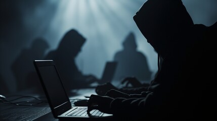 Shadowy silhouettes of cybercriminals at work, representing hackers and troll farms, with a dark, ominous backdrop suggesting online threats and cyber warfare. - obrazy, fototapety, plakaty