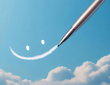 Naklejki a pen writing smile face on blue sky.
