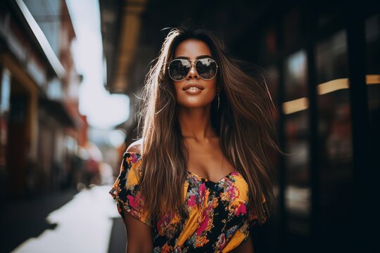 Beautiful young brunette woman in sunglasses on the city street.