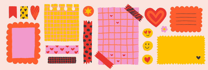 Obraz premium Paper valentine memo notes on stickers. Vector vintage sticky notes and pages with torn edges