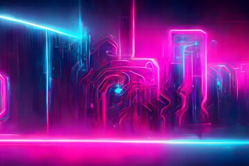 Dive into a digital odyssey with a vibrant image of a neon-lit labyrinth, and captivate with abstract forms bathed in a cyberpunk neon glow for sci-fi and cutting-edge art.
