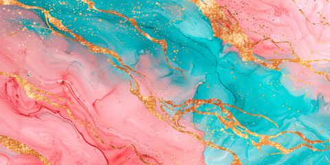 Abstract background with alcohol ink art, golden splashes, turquoise, pink, blue colors, Copy space.